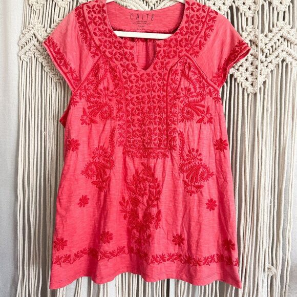 Caite 100% Cotton Red Embroidered Short Sleeve Boho Top Size Small - Picture 1 of 7